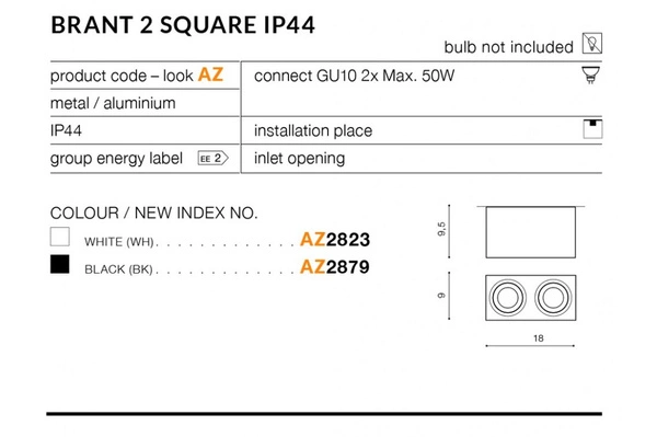 Azzardo BRANT 2 SQUARE IP44 WHITE 2823