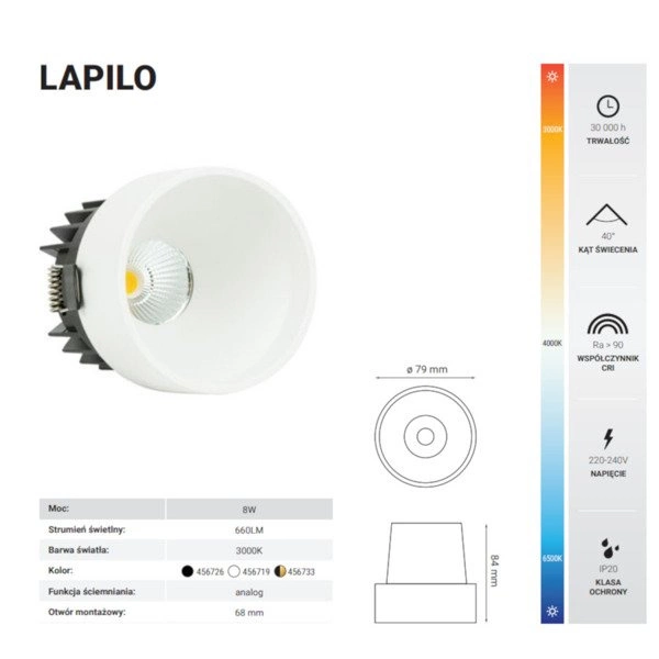 Oprawa wpuszczana LAPILO 8W ciepła 3000K śr. 7,9cm czarny/złoty
