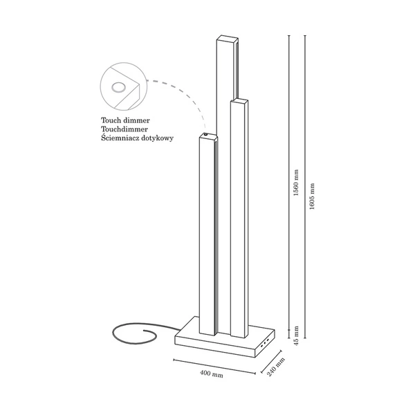 Lampa podłogowa Manhattan 3xLED 24V zintegrowana 5600lm 3000K 60W drewno bukowe orzech/czarna tkanina kabel ze ściemniaczem dotykowym 6481976