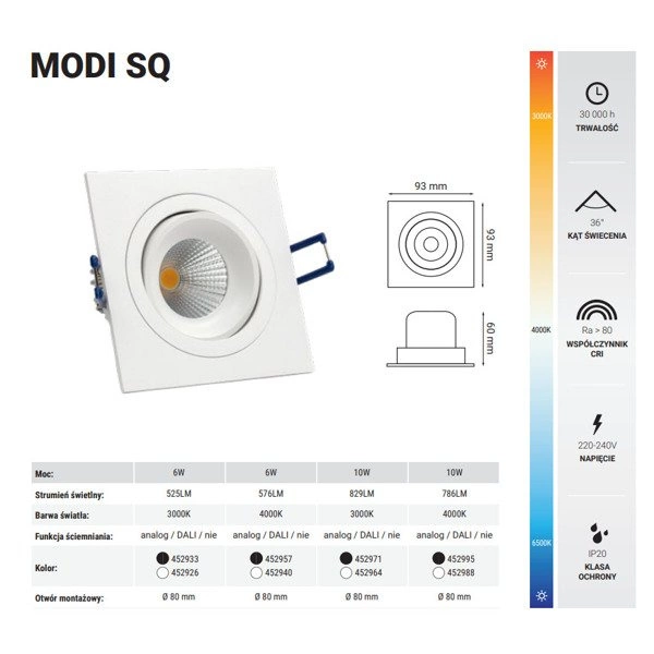 Oprawa wpuszczana MODI SQ 10W ciepła 3000K biały szer. 9,3cm