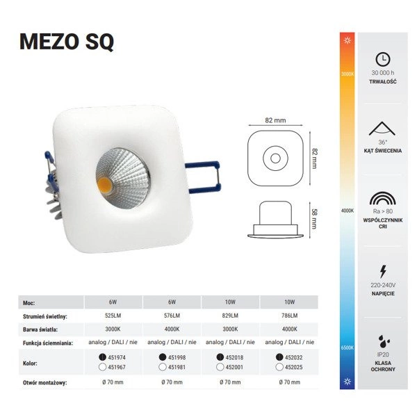 Oprawa wpuszczana MEZO SQ 10W ciepła 3000K biały szer. 8,2cm