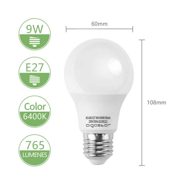 Żarówka LED E27 9W zimna 6400K A60