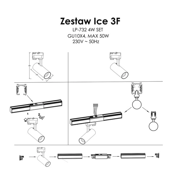 Zestaw szynoprzewodu trójfazowego ICE SET, biały, 4x50W GU10