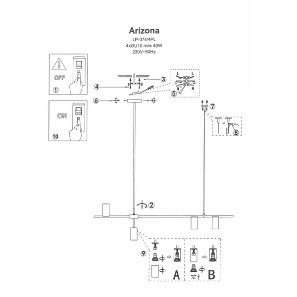 Nowoczesna lampa wisząca ARIZONA 6, czarny/złoty, 6x40W GU10