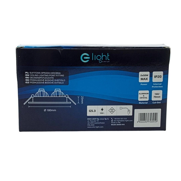 Oczko sufitowe szklane PROSTOKĄTNE 2xGU10 Kolor: SREBNY EKOS919