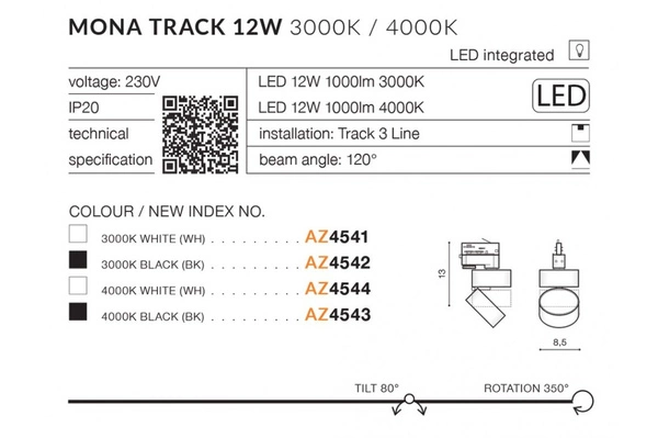 Azzardo MONA TRACK 3LINE 12W 4000K WH 4544