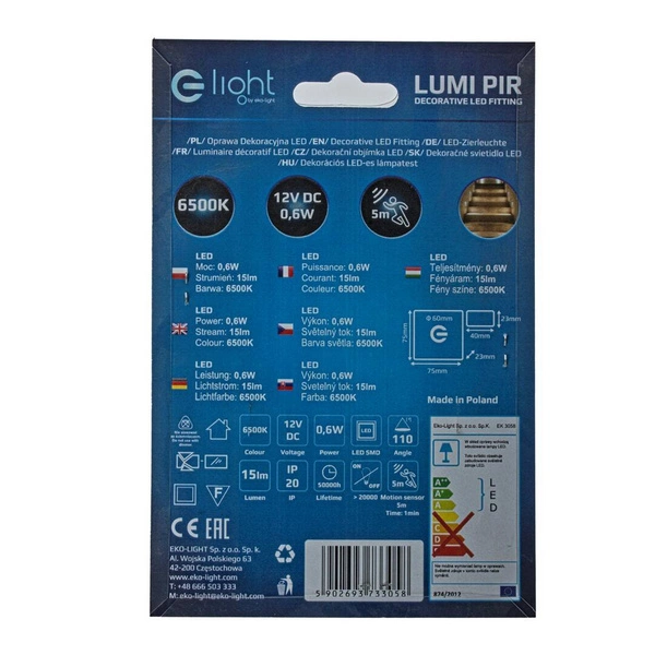 Oprawa schodowa LED 0,6W LUMI barwa zimna 6500K z czujnikiem ruchu PIR 12V EKS3058