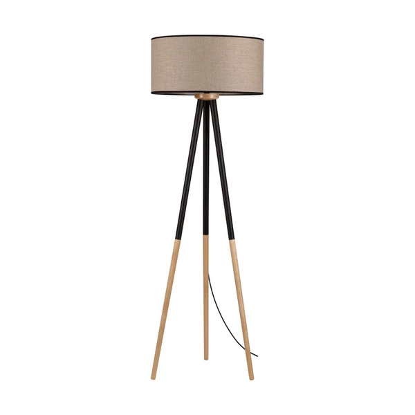 Lampa podłogowa Panda 1xE27 maks. 60W drewno czarno-brzozowe/czarny kabel PVC/naturalny len z czarnym kloszem wstążkowym 6016408310025
