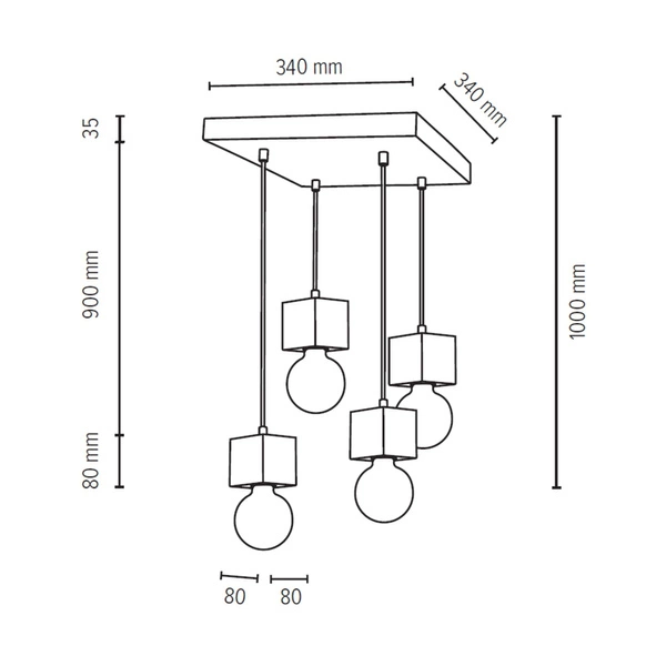 Mocna kwadratowa lampa wisząca 4xE27 Max.60W Szary beton/Czarny kabel z tkaniny 7089436