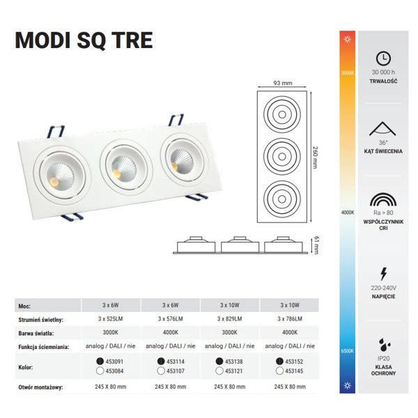 Oprawa wpuszczana MODI SQ TRE 18W neutralna 4000K biały szer. 26x9,3cm