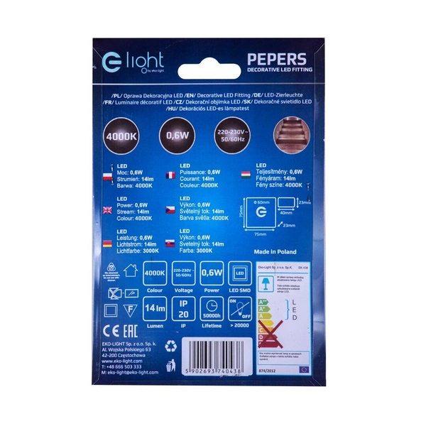 Oprawa schodowa LED 0,6W PEPERS barwa zimna 6500K EKS0941