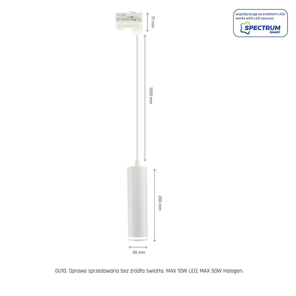 MADARA MINI RING GU10 ZWIS NA SZYNOPRZEWÓD 3F 230V IP20 fi55*200mm BIAŁY kabel 1m