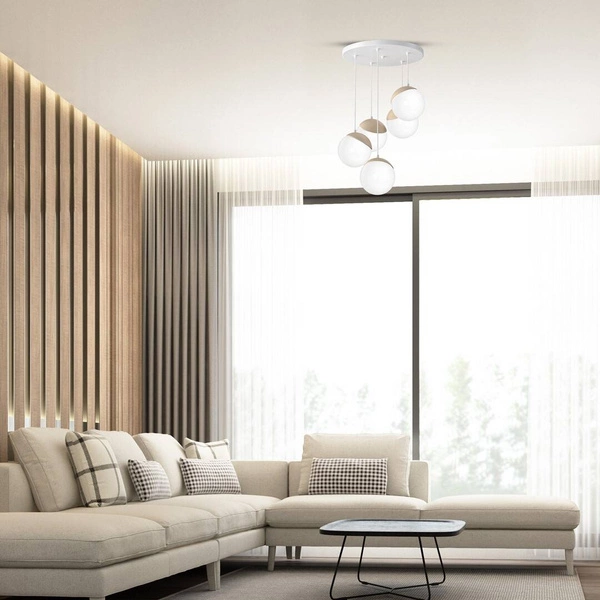 Lampa wisząca nowoczesna szklana kula SFERA WOOD V drewno/biały śr. 35cm