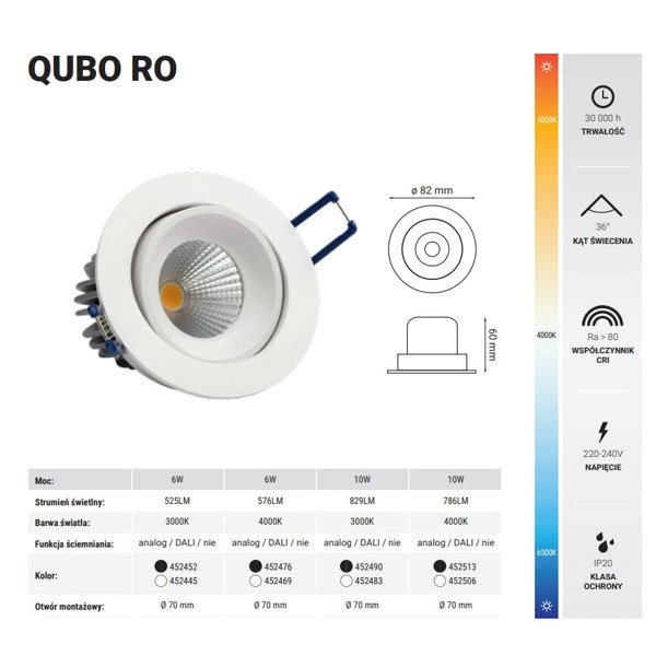 Oprawa wpuszczana oczko QUBO RO 10W ciepła 3000K biały śr. 8,2cm