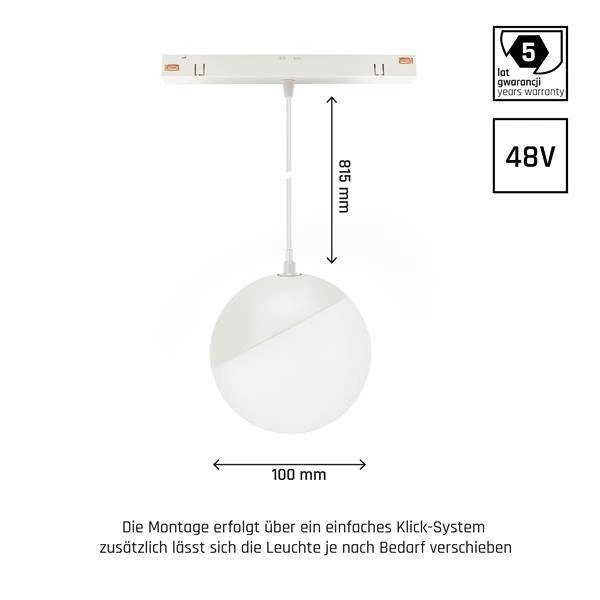 SYSTEM SHIFT - GLOBE P oprawa kula zwis na szynoprzewód 100 (850mm kabel) 5W 165st biała 5 lat gw.
