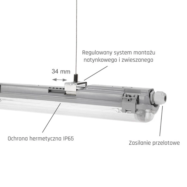Przelotowa oprawa hermetyczna LIMEA LED TUBE SLIM 20W dł. 158cm | szary