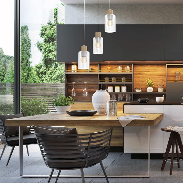 Lampa wisząca MADERA, biały/transparentny/drewno, 3x60W E27, MLP8556