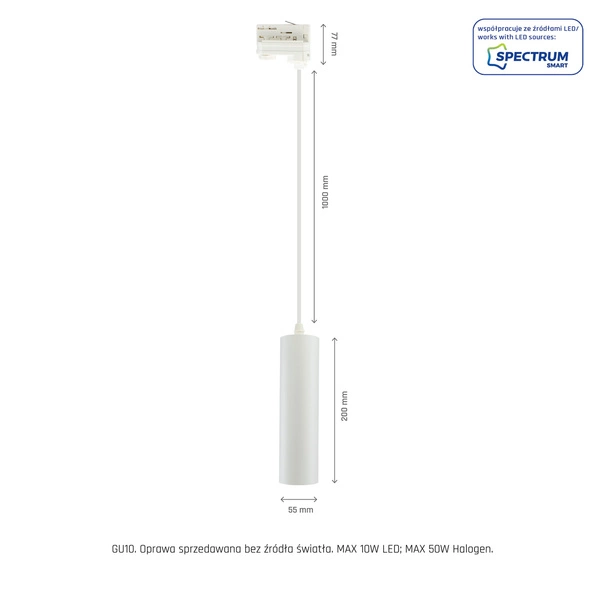 MADARA MINI II GU10 ZWIS NA SZYNOPRZEWÓD 3F 230V IP20 fi55*200mm BIAŁY kabel 1m