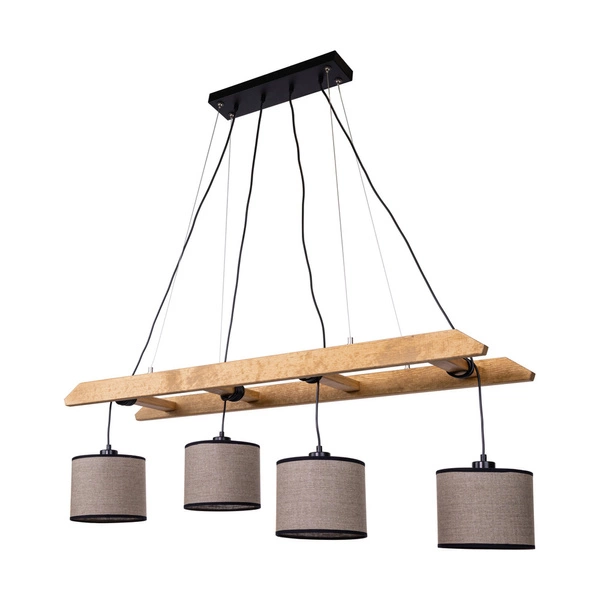 Lampa wisząca Eskalo 4xE27 maks. 25W barwiona sosna brązowa/czarny metal/czarny kabel PVC/naturalny len z czarnym kloszem wstążkowym 7739451