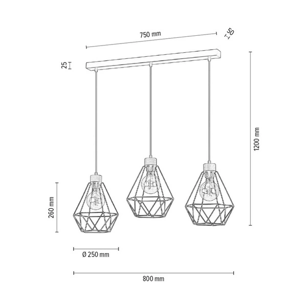 Lampa wisząca Diament 3xE27 Max.60W Dąb Olejowany/Czarny Metal/Czarny Kabel PCV 21822304
