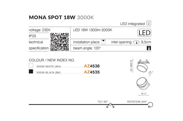MONA SPOT 18W 3000K BK