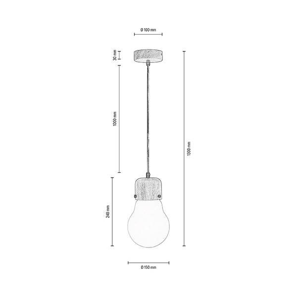 Lampa wisząca z drewna żarnikowego 1xE27 Max.60W Dąb olejowany/Przezroczysty kabel PVC/Białe szkło 2811174