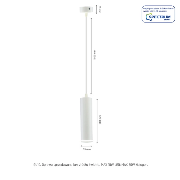 MADARA MINI RING GU10 ZWIS BAZA 230V IP20 fi55*200mm BIAŁY kabel 1m