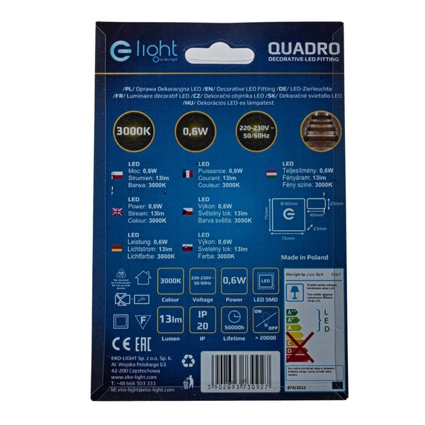 Oprawa schodowa 0,6W QUADRO ciepła 3000K