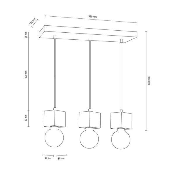 Mocna kwadratowa lampa wisząca 3xE27 Max.60W Szary beton/Czarny kabel z tkaniny 7089336