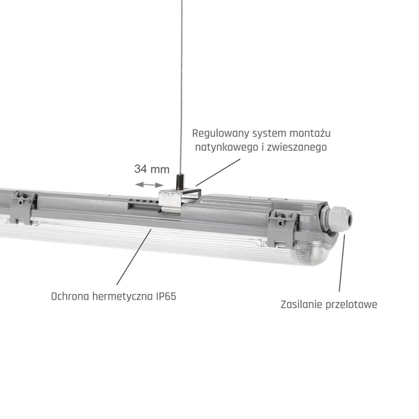LIMEA LED TUBE SLIM HERMETYK G13 1x120 250V IP65 1310x65x63 mm SZARY