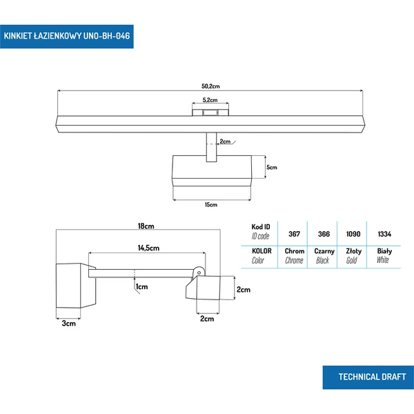Kinkiet LED łazienkowy 50cm 12W Biały 4000K UNO-BH-046