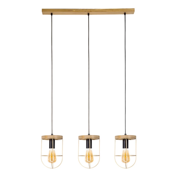 Lampa Wisząca Netuno 3xE27 Max.60W Bejcowana Sosna Brązowa/Czarny Metal/Czarny Kabel PCV/Złoty Metal 181059351