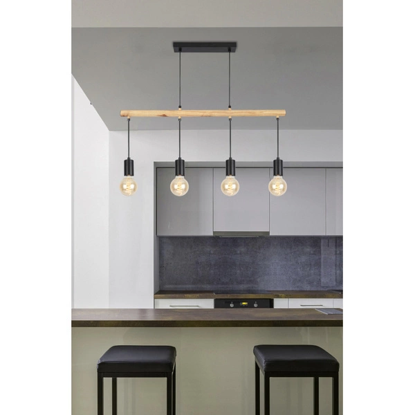 Lampa wisząca IZZY 34-77929 czarna + drewno 4x60W E27
