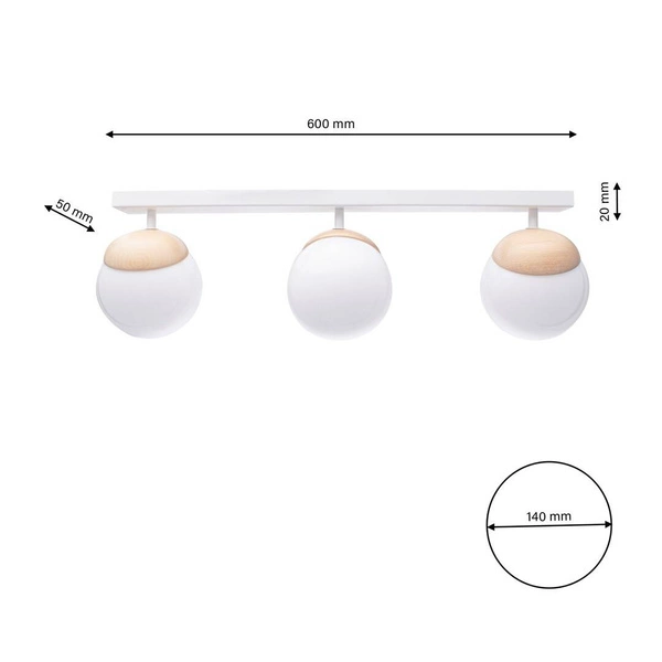 Lampa sufitowa nowoczesna szklana kula listwa SFERA WOOD III drewno/biały szer. 65cm