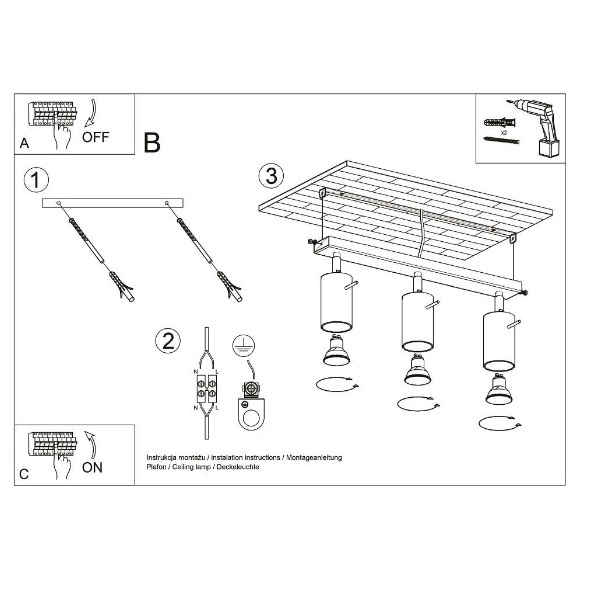 Plafon RING 3 punktowy Stal kolor czarny 12W LED, SL.0093