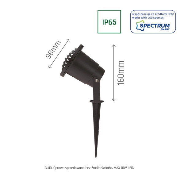 FLORI GU10 ALU RAY 250V IP65 98x160mm CZARNY wbijana, ruchoma