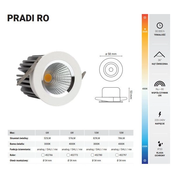 Oprawa wpuszczana oczko PRADI RO 6W neutralna 4000K biały śr. 5,8cm
