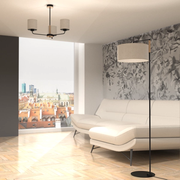 Lampa Podłogowa ATLANTA, MLP7454, czarny/drewno/beżowo-szary, 1x60W E27