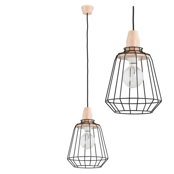 Druciana lampa kratka PEKA czarna/drewno śr. 24cm