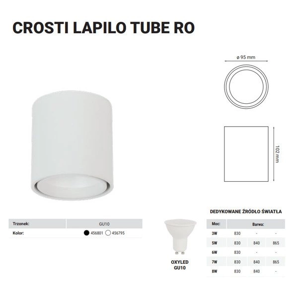 Oprawa sufitowa spot tuba natynkowa CROSTI LAPILO TUBE RO biały śr. 9,5cm