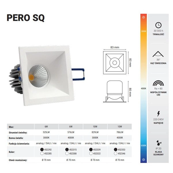 Oprawa wpuszczana oczko PERO SQ 10W neutralna 4000K biały szer. 8,3cm