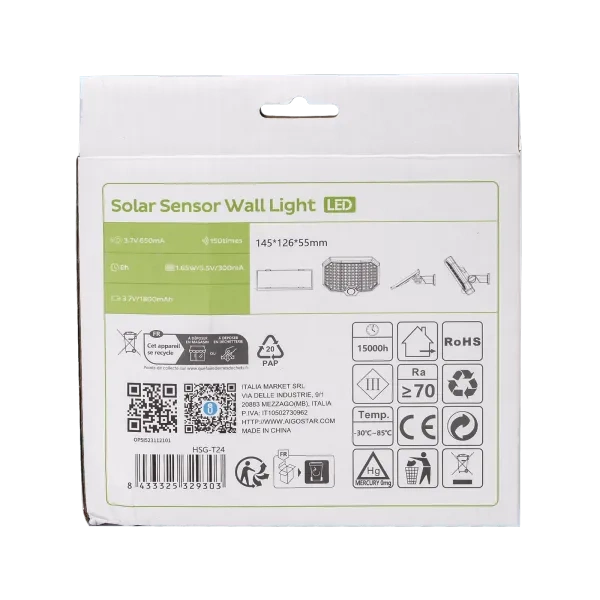 Kinkiet solarny LED dwuczęściowy z czujnikiem ruchu COB czarny 6500K