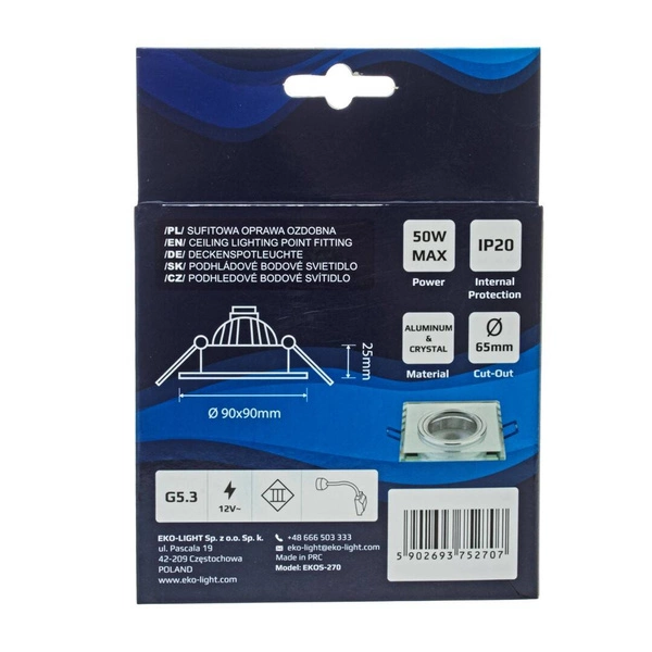 Oczko sufitowe szklane KWADRATOWE Kolor: SREBRNY EKOS270