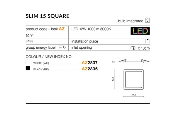 Azzardo SLIM 15 SQUARE 4000K IP44 WHITE 4378