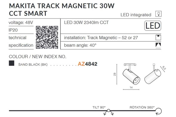 Azzardo ALFA MAKITA TRACK MAGNETIC 30W CCT BLUETOOTH BK 4842