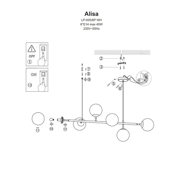 Lampa wisząca ALISA, złoty/biały, 6x40W E14