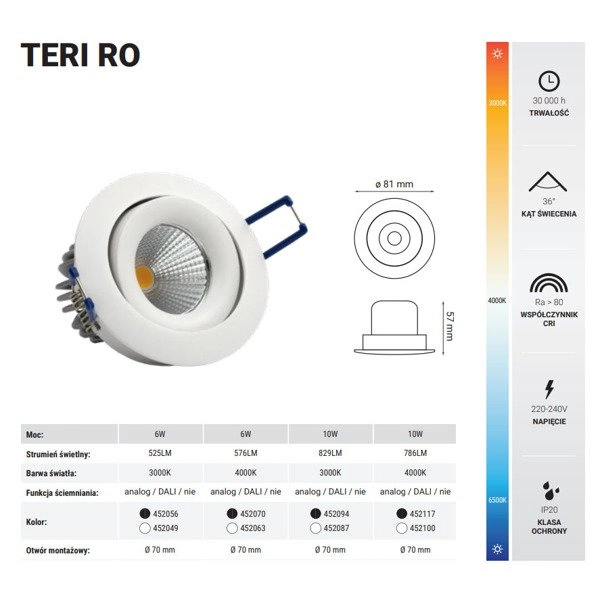 Oprawa wpuszczana oczko TERI RO 10W neutralna 4000K biały śr. 8,1cm