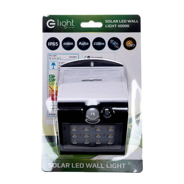 Lampa Solarna BUTTERFLY Czarna 1,5W barwa neutralna 4000K z czujnikiem ruchu i zmierzchu EKO3867