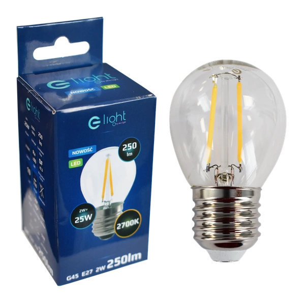 Żarówka Filamentowa LED 2W E27 G45 2700K | biała ciepła