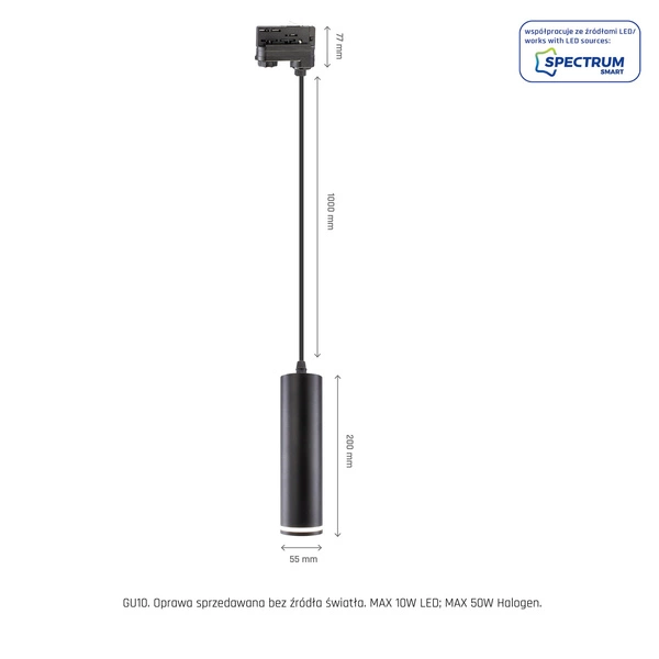 MADARA MINI RING GU10 ZWIS NA SZYNOPRZEWÓD 3F 230V IP20 fi55*200mm CZARNY kabel 1m